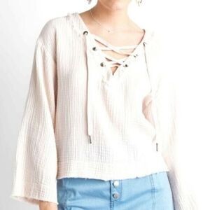 Anthropologie Cloth & Stone Gauze Wide Sleeve Lace Up V Neck Peasant Top Size XS